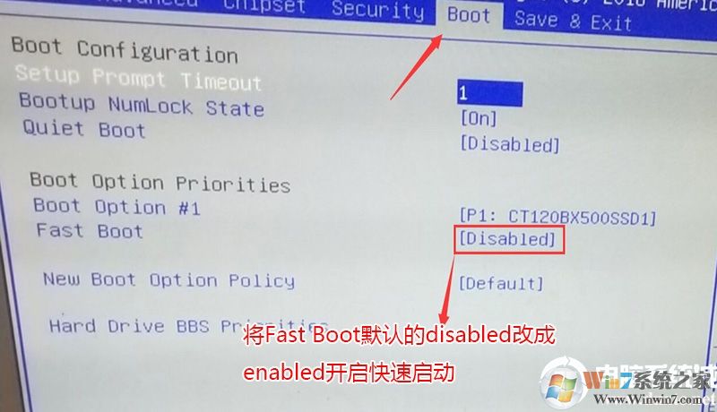 將Fast Boot默認的disabled改成enabled，開啟快速啟動,