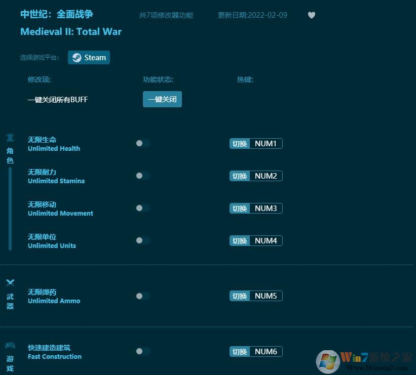 中世紀(jì)全面戰(zhàn)爭七項(xiàng)修改器 v2022.3.1