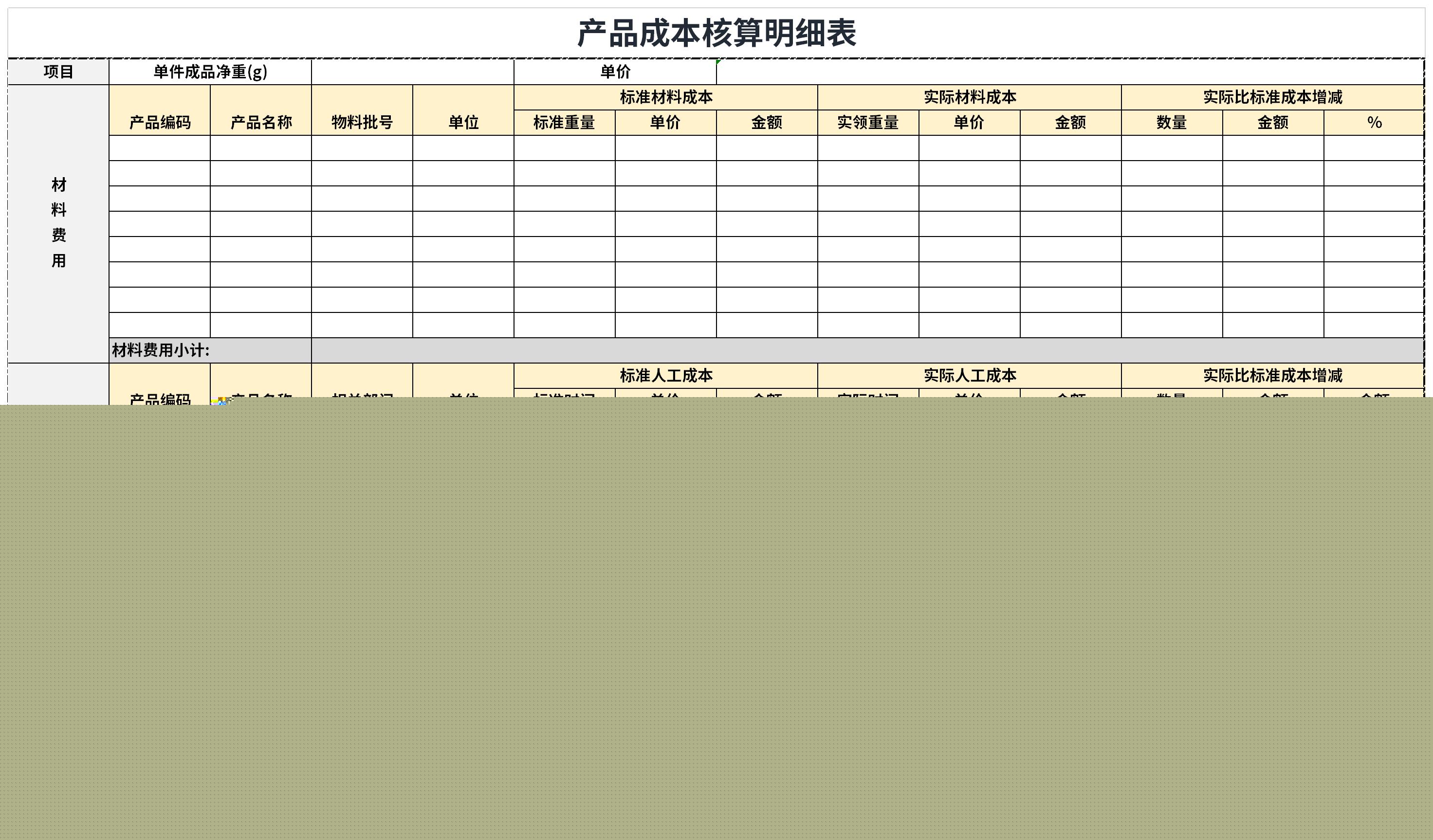 產(chǎn)品成本核算明細表截圖